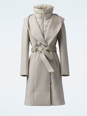 Mackage Cream Belted Wool-Blend Trench Coat with Quilted Zip Insert